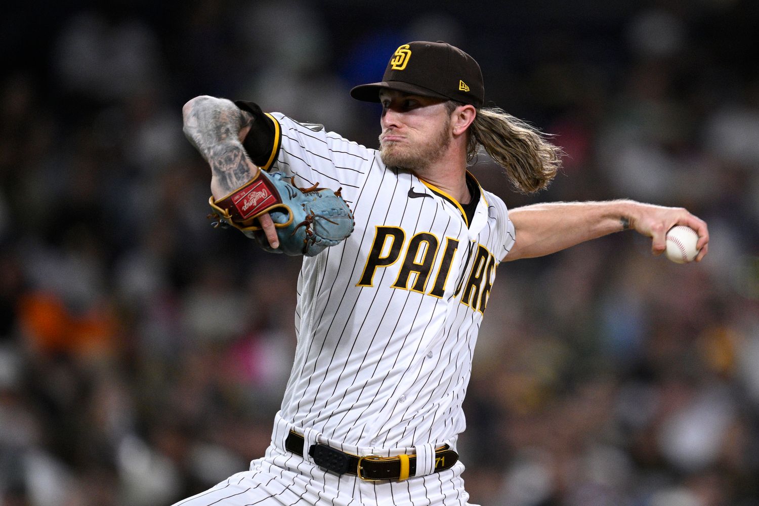 Sep 19, 2023; San Diego, California, USA; San Diego Padres relief pitcher Josh Hader (71) throws a pitch against the Colorado Rockies during the ninth inning at Petco Park.
